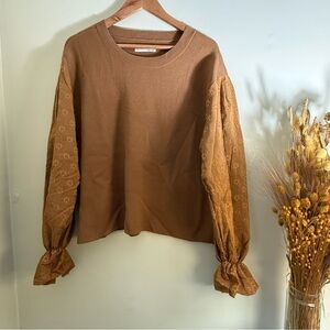 Anthropologie Brown Blouse with Patterned Sleeves
